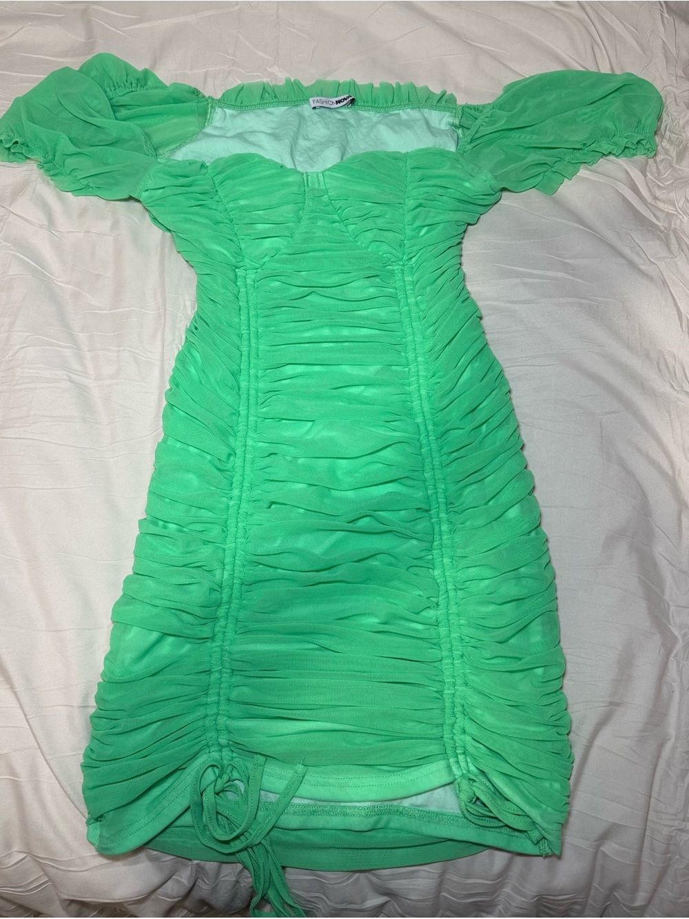 Fashion Nova Mint Green Ruched Off-Shoulder Mini Dress